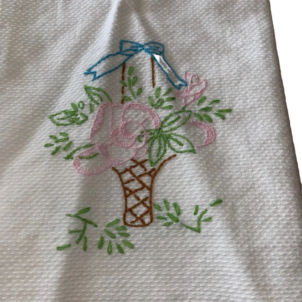 Vintage Tea Dish Hand Towel Hand  Embroidered Flower Basket Bow Pink Green
